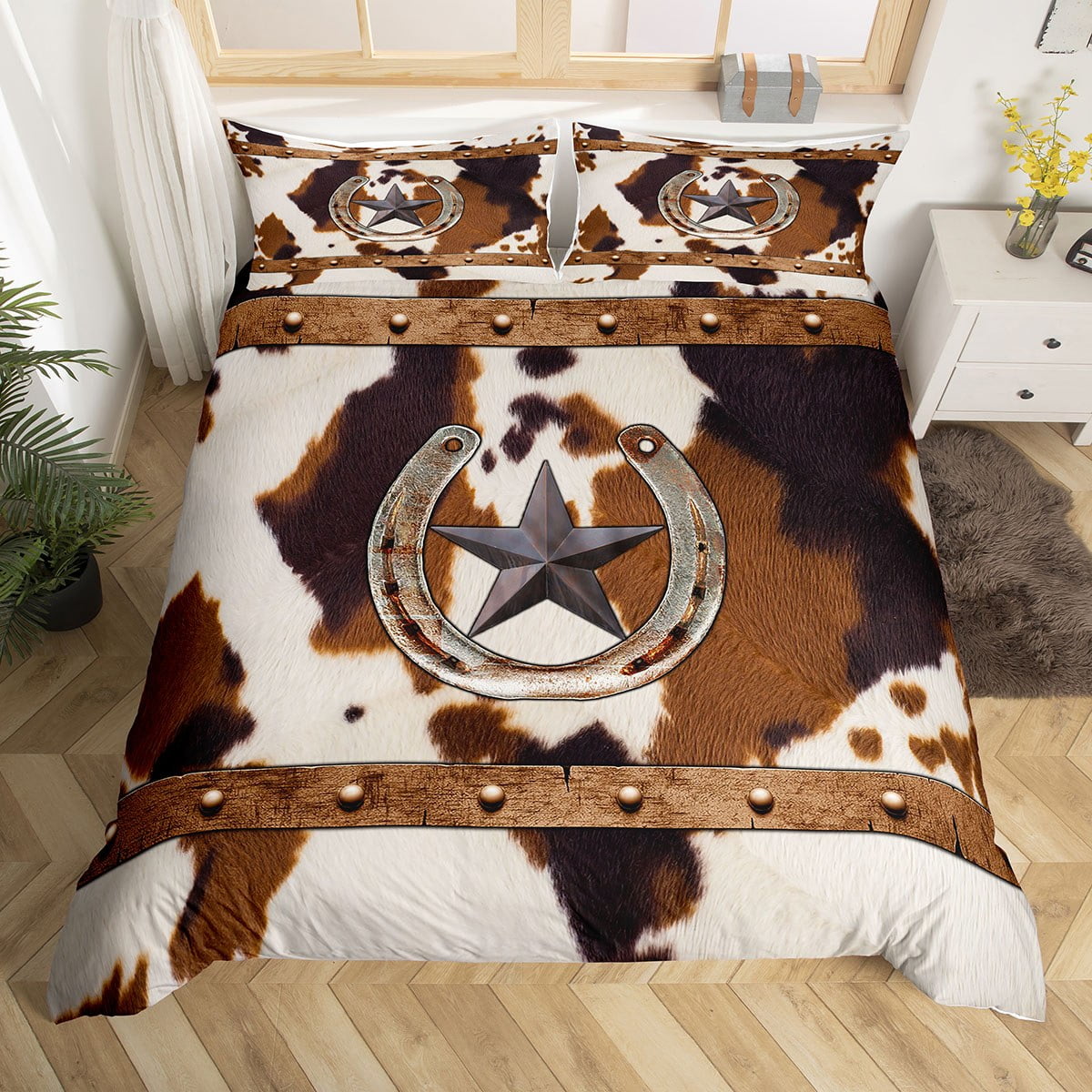 Rustic Farmhouse Barn Comforter Cover Queen Western Texas Star Horseshoe Cowhide Bedding Set For Kids Adults Highland Cow Fur Print Duvet Cover Country Bull Cattle Fur Bedspread Cover 2 Pillow Cases W...