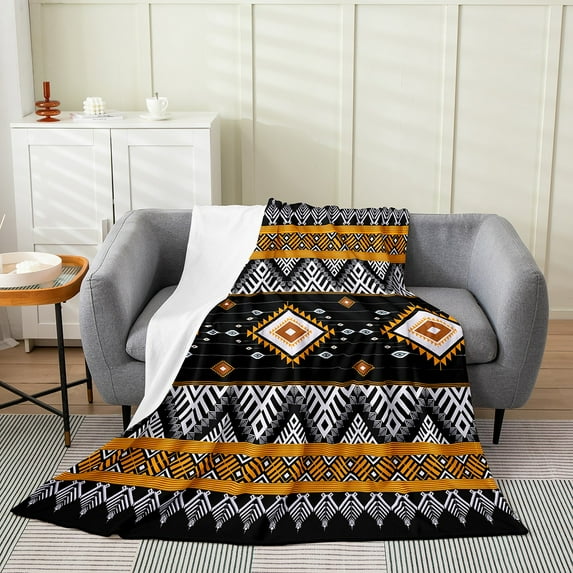 Western Throw Blanket 40"X50" Boho Aztec Sherpa Blanket Geometric Exotic Bohemian Flannel Fleece Blanket for Couch Bed Sofa Oriental Pattern Plush Bed Blanket Black White Orange