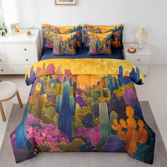 Western Wild West 7 Piece Comforter Set Full Bed in a Bag,Tropical Cactus Succulent Plants Bedding Sets Hawaiin Desert Jungle Botanical Green Purple Sheet Set with Comforter