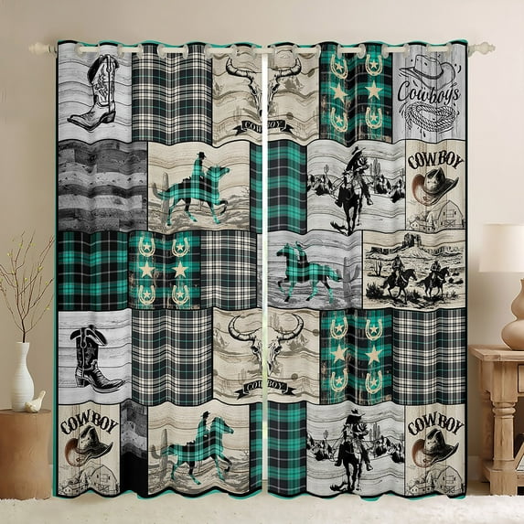 Western Window Treatments 42"Wx63"L Country Cowboy Curtains Boho Bull Horse Curtains & Drapes For Bedroom,Rustic Farmhouse Buffalo Plaid Window Curtains 2 Panels Black Green