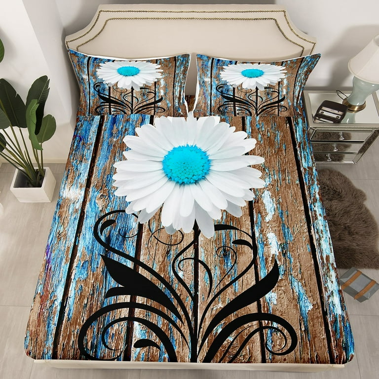 YST White Blue Daisy Bed Sheets Chic Floral Flower Fitted Sheet Twin Size Rustic Lodge Cabin Sheets Brown Old Barn Door Stripe Bedding Vintage