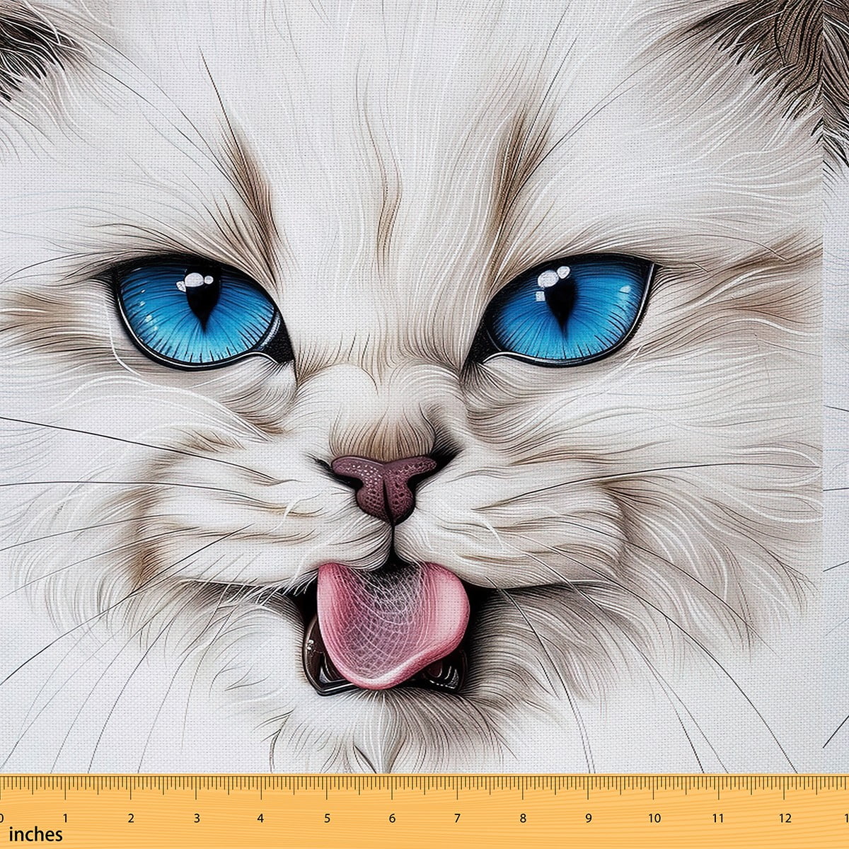 YST White Cat Print Fabric By The Yard,Cute Kitten with Blue Eyes