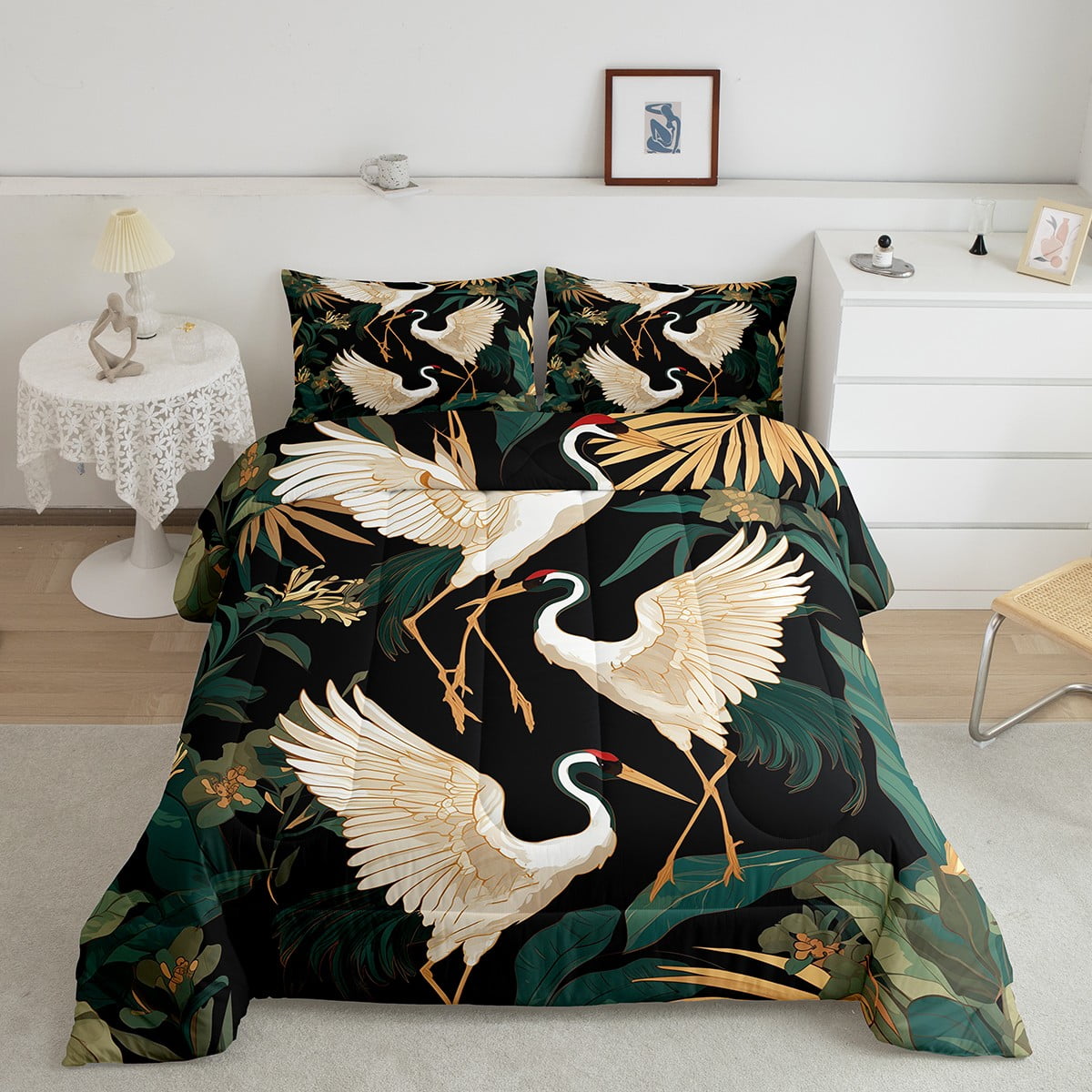 YST White Crane Comforter Set for Kids Boys Girls,Queen Japan Style