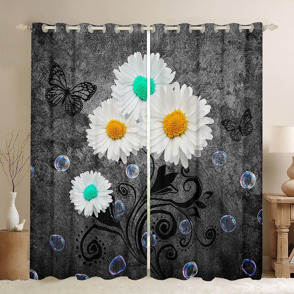 YST White Daisy Blackout Curtains Vintage Grey Curtains, Black Gray ...
