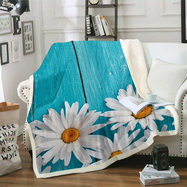 YST White Daisy Blanket Garden Flowers 30 x40 Throw Blanket Boho Floral Fleece Blanket Flower Plant Blanket Romantic Botanical Rustic Home Decor Teal