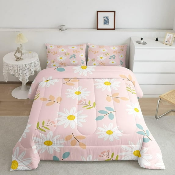 White Daisy Comforter Set Full Size,Flower Leaves Bedding Set Bedroom Decor,Botanical Floral Print Quilt Set Soft Polyester Duvet