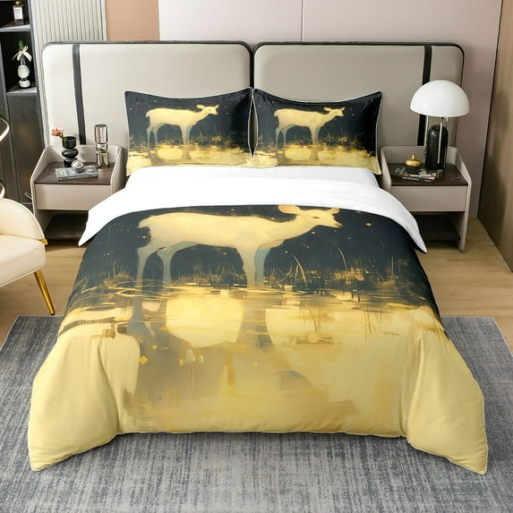 Erosebridal White Deer 100% Cotton Comforter Cover Twin Size Wild Animal Duvet Cover Retro Aesthetic Bedding Set Soft Lightweight Decor with 1 Pillow,Black Yellow
