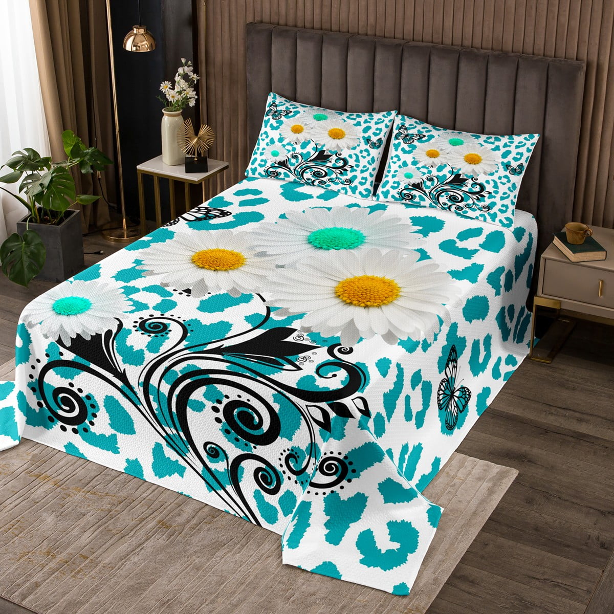 YST White Flower Queen Quilt Set Hair Skin Coverlet Set, Teal Blue