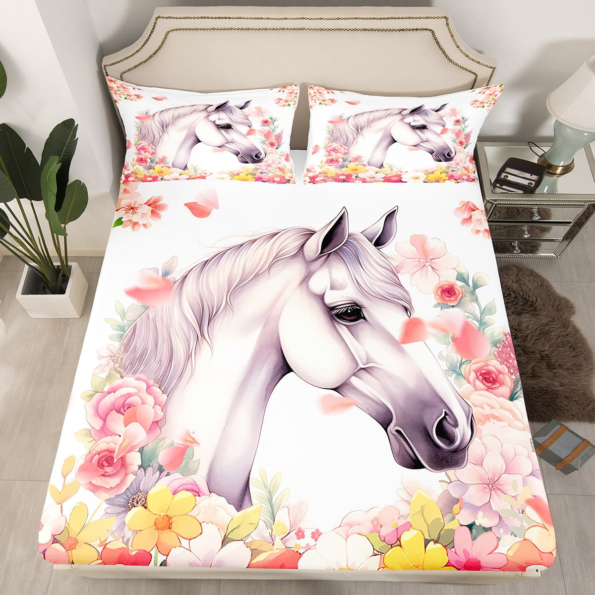 YST White Horse Bedding Set 3D Animal Print Fitted Sheet for Girls Boys