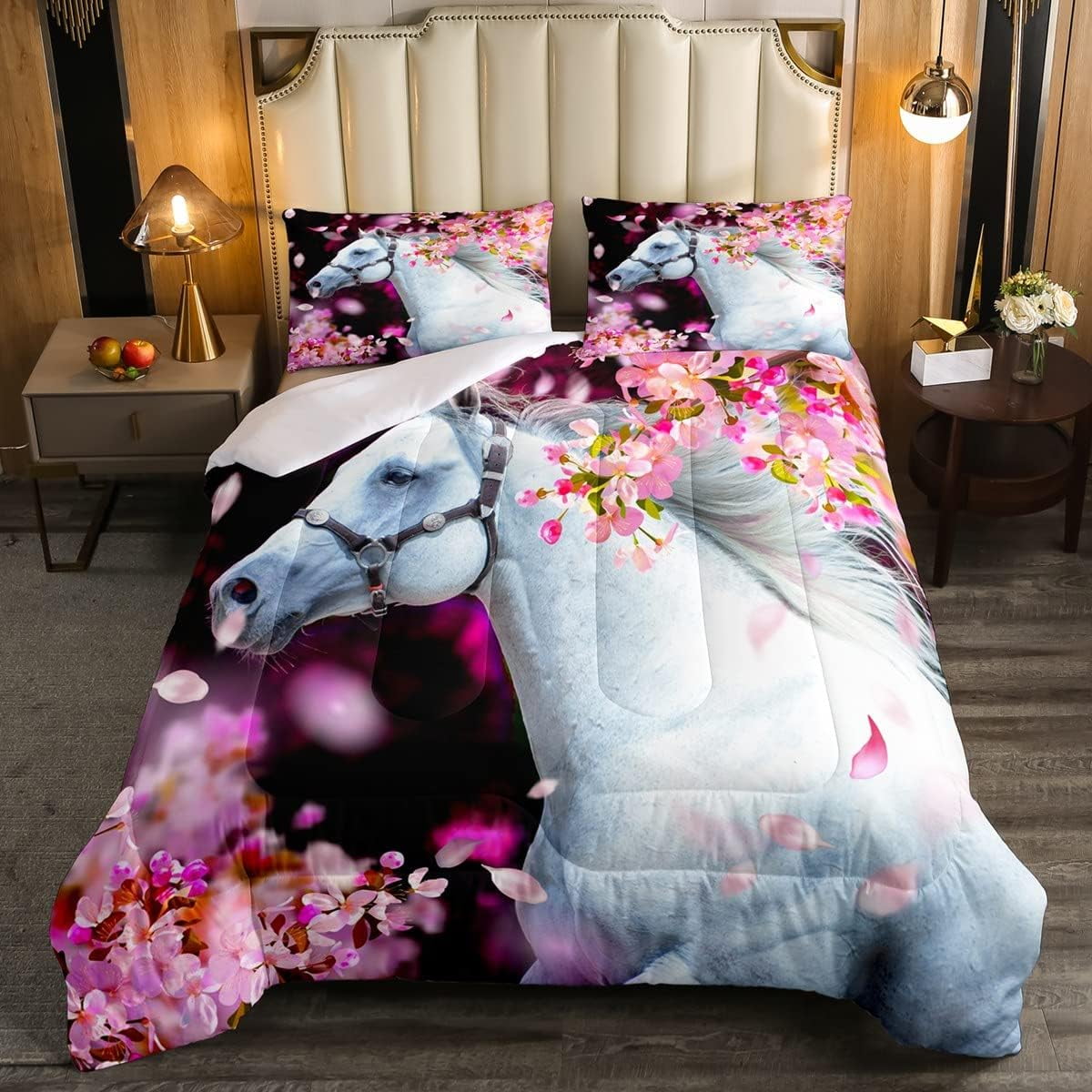 YST White Horse Comforter Set Twin,Romantic Pink Cherry Blossoms Duvet