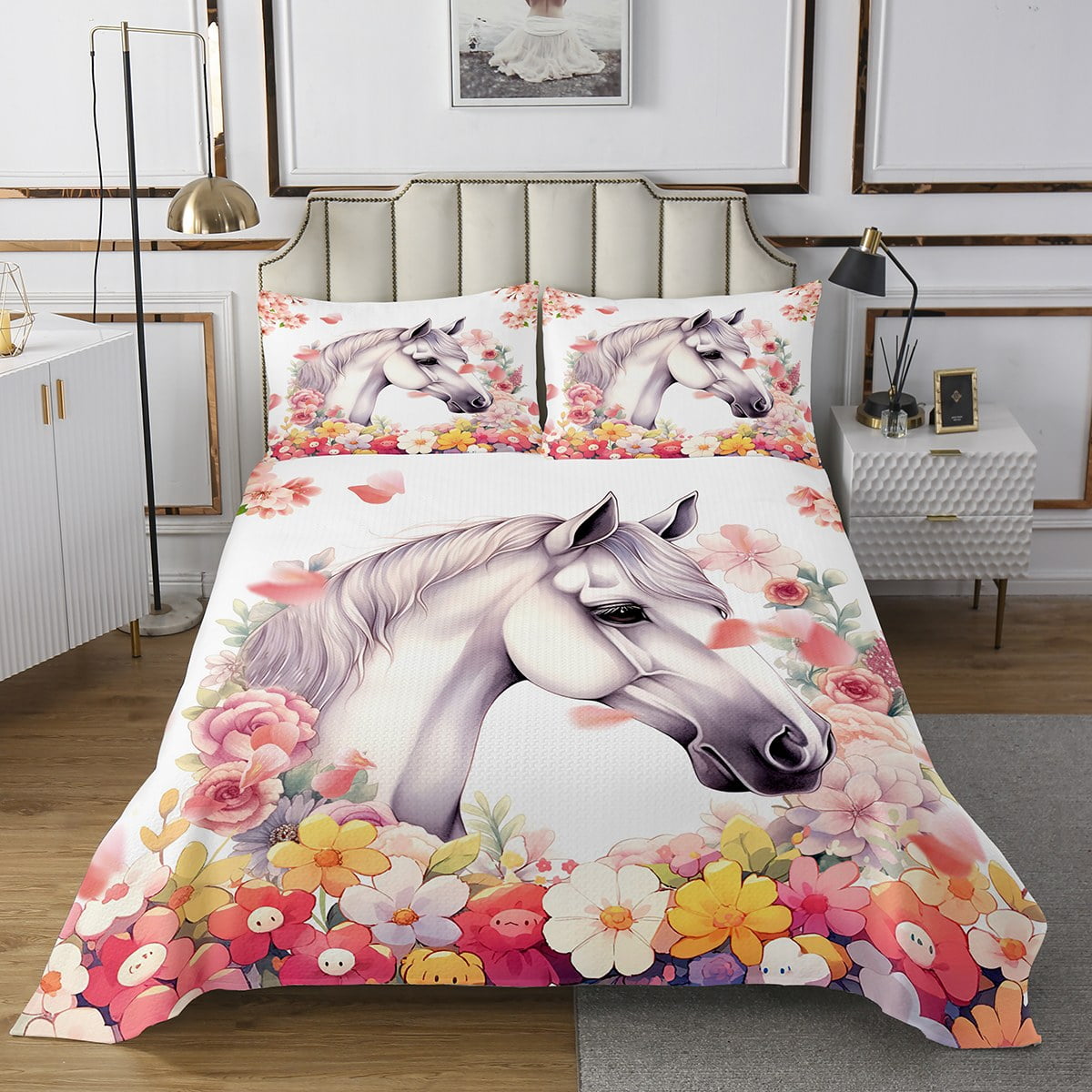 YST White Horse Coverlet Set 3D Animal Print Quilt Set for Girls Boys