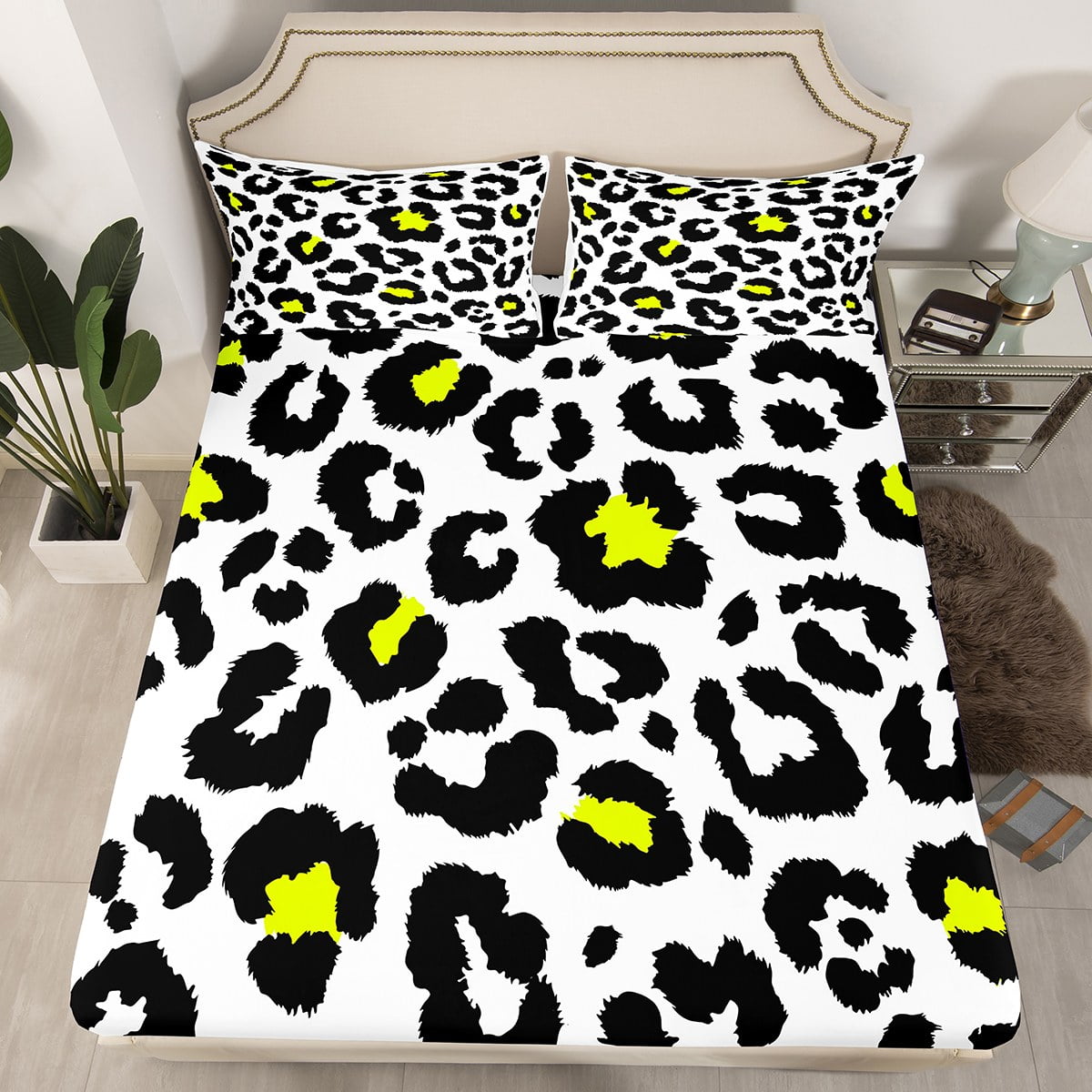 YST White Leopard Print Twin Fitted Sheet Cheetah Print Sheets, Wild