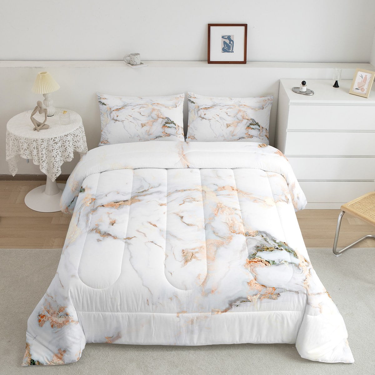 YST White Marble Comforter Set Twin Light Grey Bedding Set, Rose Pink