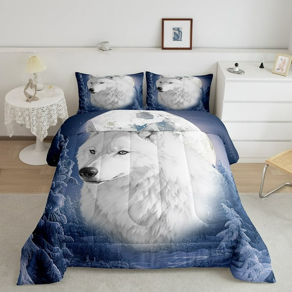 White Wolf Bedding Adults Winter Snow Wolf Comforter Set, Wild Animal Bedding Comforter Sets Starry Moon Duvet Set Queen for Bedroom - 1 Comforter 2 Pillow Cases