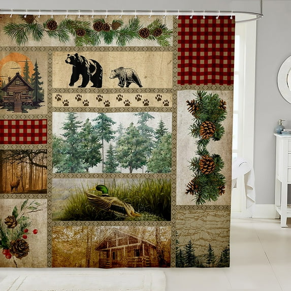 Wild Animal Bear Shower Curtain Bear Deer Paw Bathroom Shower Curtain Sets Farmhouse Style Fabric Shower Curtain Woodland Vintage Cabin Bath Curtain Home Stalls Decor 72.00"x72.00",Waterproof
