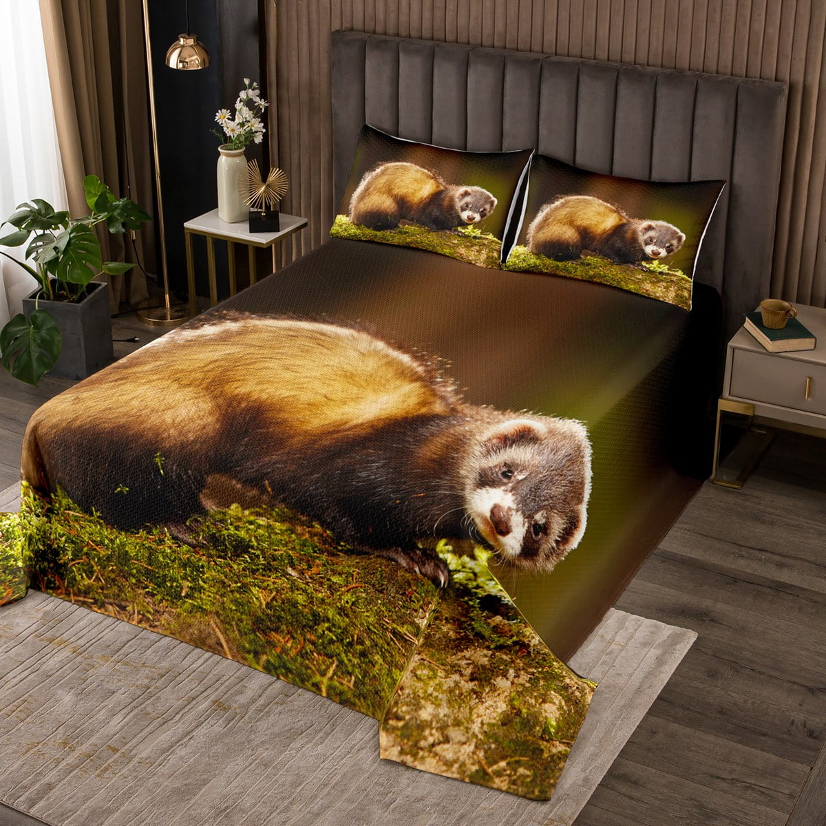 YST Wild Animal Bedspread King Size Cute Ferret Quilt Set, Botanical