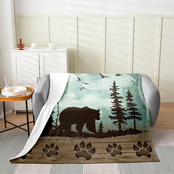 Wild Bear Throw Blanket 40x50 Inch Rustic Pine Trees Blanket ,Woodland Animals Fleece Blanket Retro Brown Lodge Cabin Wildlife Bear Paw Farmhouse Decor