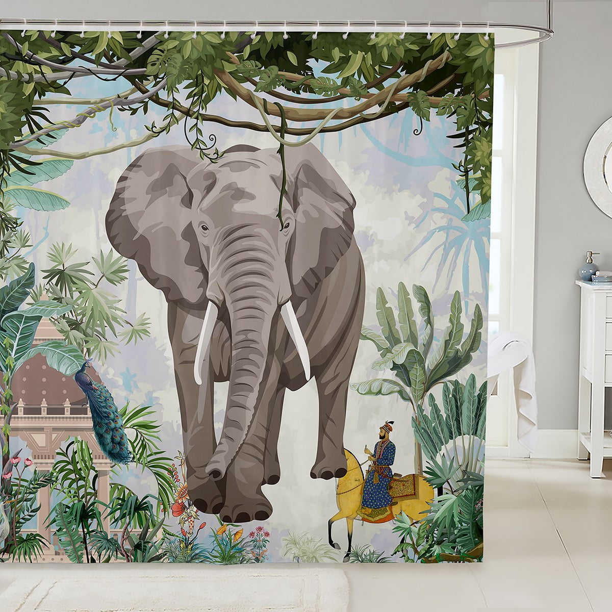 YST Wild Elephant Shower Curtain Tropical Jungle Bathroom Curtain