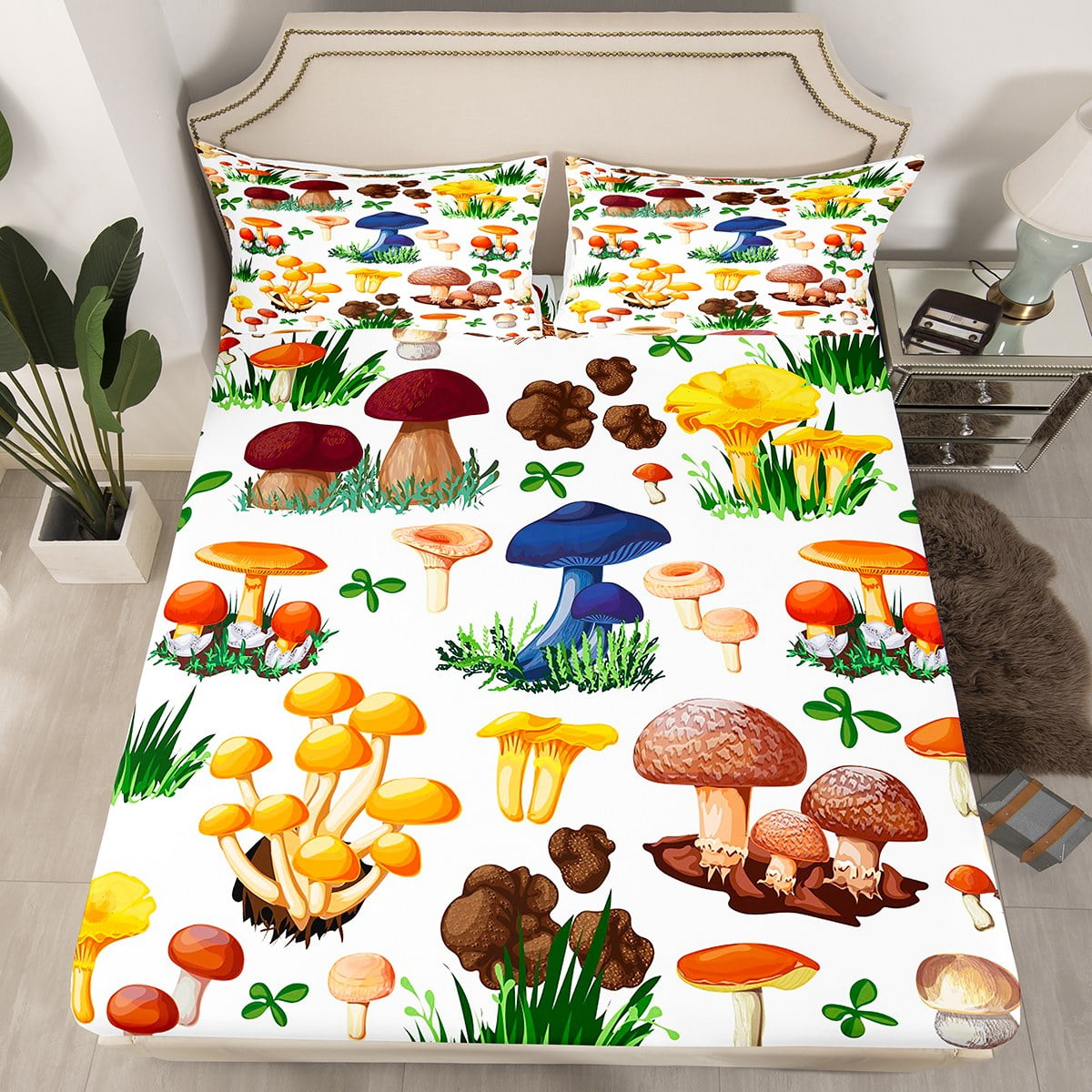 YST Wild Fungus Full Sheets Brown Mushroom Bed Sheets, Navy Blue Orange