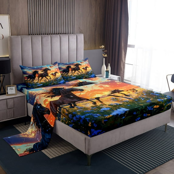 Erosebridal Wild Horse Queen Size Sheet Sets Rainbow Galaxy Sheets, Bluebell Flower Bed Set Chic Girly Floral Bed Sheets Set, Farmhouse Galloping Horse Fitted Sheet Home Decoration