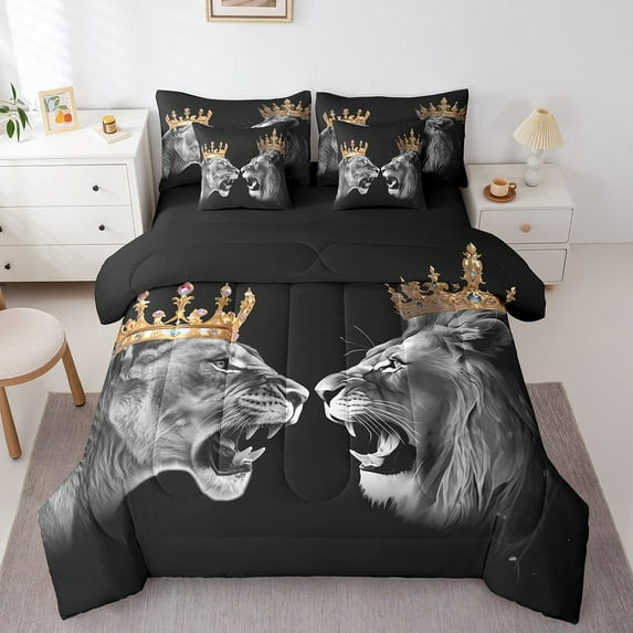 Wild Lion Couple Twin Bedding Sets 7-Piece,King and Queen Comforter Set For Women Men Bedroom Gift,Gold Crown Bed in a Bag,Safari African Animal Sheet Set with Comforter,Grey Black