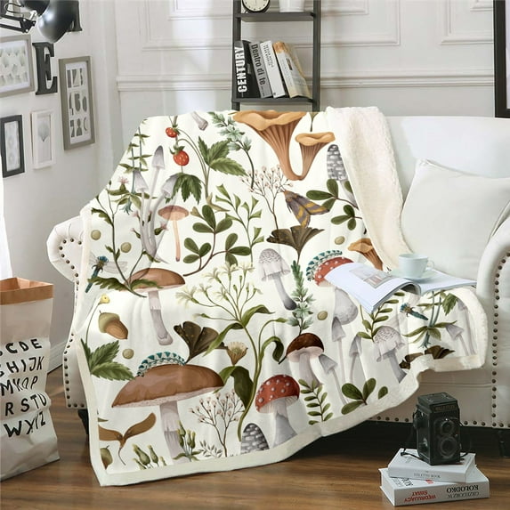 Wild Mushroom 40x50 inch Fleece Blanket Outdoor Natural Plants Sherpa Blanket Lovers Botanical Leaves Rustic Plush Blanket Vintage Flowers Woodland Mushrooms Throw Blanket Soft,White