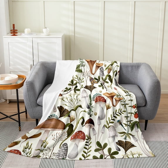 Wild Mushroom 40x50 inch Throw Blanket Outdoor Natural Plants Fleece Blanket Lovers Botanical Leaves Rustic Flannel Blanket Vintage Flowers Woodland Mushrooms Bed Blanket Soft,White