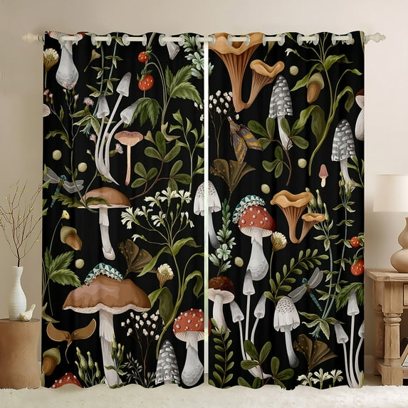 Erosebridal Wild Mushroom 52x84 inch Window Curtains Outdoor Natural Plants Blackout Curtains Lovers Botanical Leaves Rustic Curtains & Drapes Vintage Flowers Woodland Mushrooms Curtains,Black