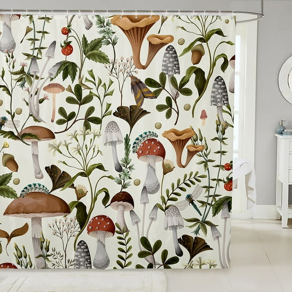 Wild Mushroom 78.00"x72.00" Shower Curtain Outdoor Natural Plants Bathroom Accessories Lovers Botanical Leaves Rustic Fabric Shower Curtain Vintage Flowers Mushrooms Bath Curtain,White
