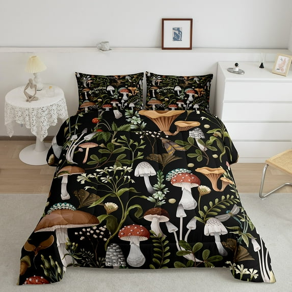 Erosebridal Wild Mushroom Twin Bedding Outdoor Natural Plants Duvet Insert Lovers Botanical Leaves Rustic Comforter Set Vintage Flowers Woodland Mushrooms Quilt with 1 Pillowcase Lightweight,Black