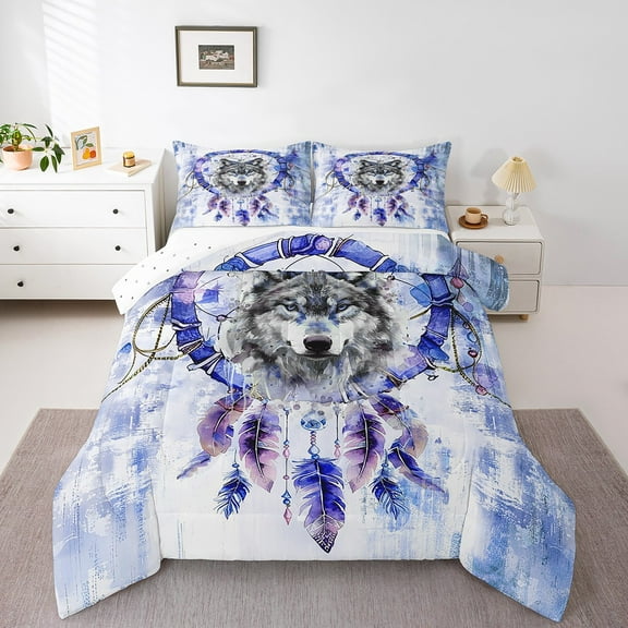 Wild Wolf King Size Comforter Set Teens Adults Safari Animal Print Bedding Set,Hippie Dream Catcher Down Comforter Navy Gradient Bed Set,Boho Feather Quilted Duvet