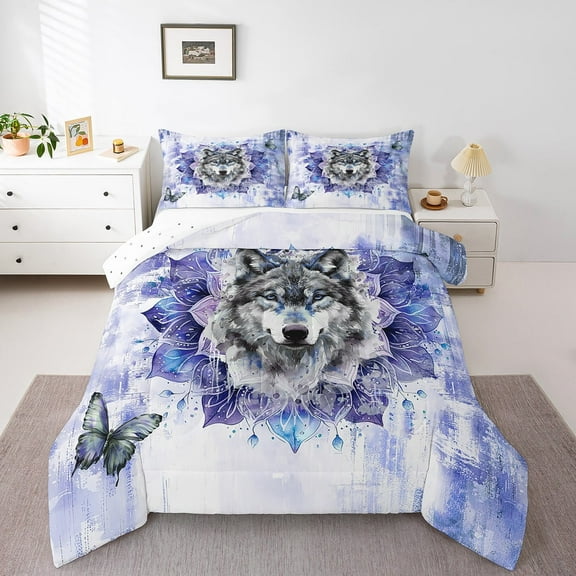 Wild Wolf Twin Size Comforter Set Teens Adults Safari Animal Print Bedding Set,Hippie Mandala Down Comforter Navy Gradient Bed Set,Boho Flower Floral Quilted Duvet