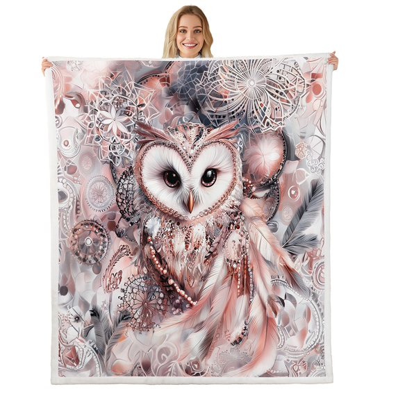 Wildlife Owl Throw Blanket Twin 60"X80" Boho Dreamcatcher Fleece Blanket Animal Sherpa Blanket Teen,Exotic Tribal Feather Fuzzy Blanket For Bed Couch