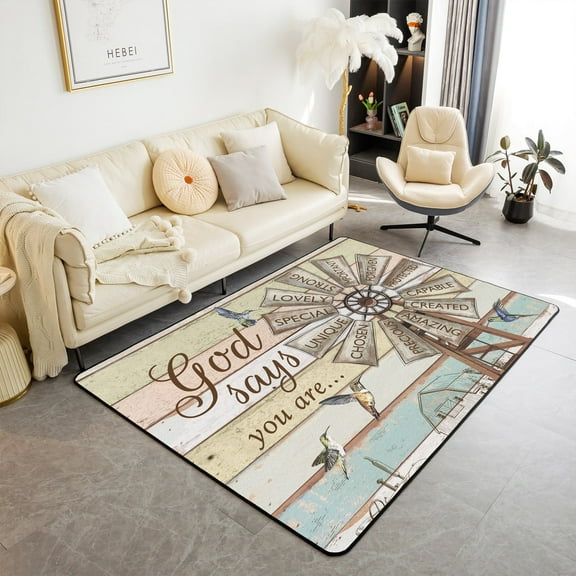 Erosebridal Windmill Carpet 5x7 for Bedside,Rustic Farmhouse Area Rug,Hummingbird Rooster Cow Farm Animal Rug ,Vintage Country Western Living Room Rug for Bedroom Doorway Non Slip