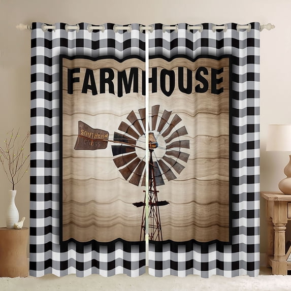 YST Windmill Curtains Farmhouse Blanket Rustic Country Style Curtains&nbsp;&&nbsp;Drapes, Black White Geometry Grid Window&nbsp;Curtains Vintage Wooden Plank Window&nbsp;Treatments 42''Wx90''L