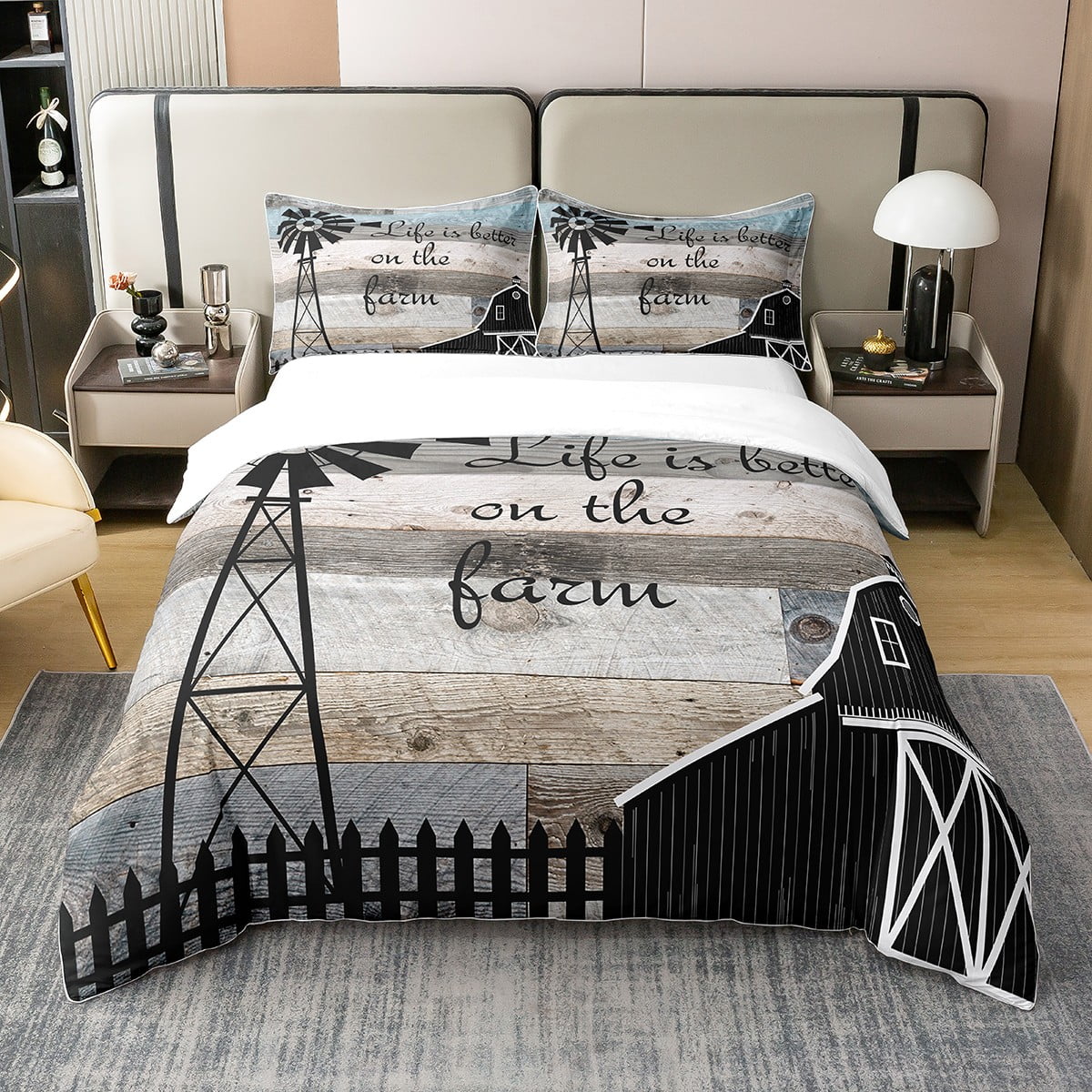 YST Windmill Decor Farmhouse 100% Cotton Duvet Cover Country Vintage ...