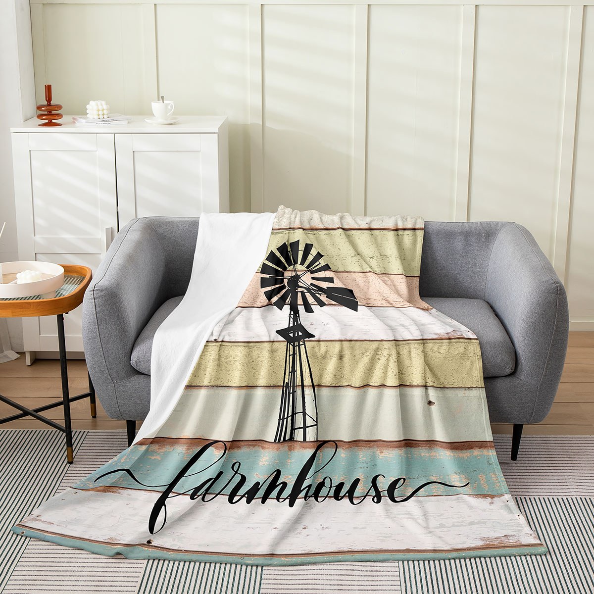 Picture of YST Windmill Decor Farmhouse Fleece Blanket,Rustic Wood Farm Flannel ...