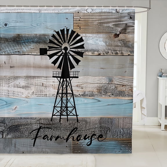 Windmill Shower Curtain 72" W X 78" L, Rustic Farmhouse Waterproof Shower Curtains Cabin Room Decor, Vintage Teal Wooden Plank Bath Curtain Farm Country Barn Door Bathtub Shower Curtains