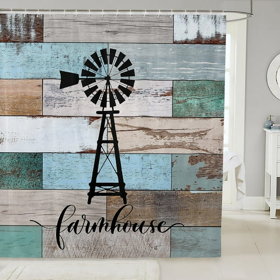 Windmill Shower Curtain 72" W X 78" L, Rustic Farmhouse Waterproof Shower Curtains Cabin Room Decor, Vintage Teal Wooden Plank Bath Curtain Farm Country Barn Door Bathtub Shower Curtains