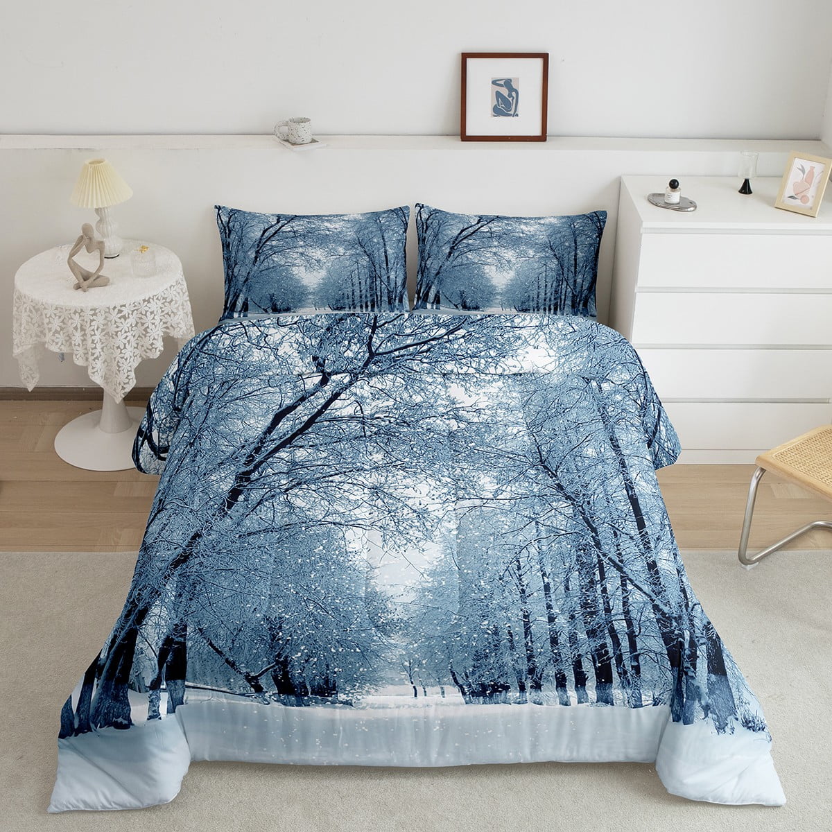YST Winter Comforter Set King, Blue Snow Snowstorm Bedding, Park Winter