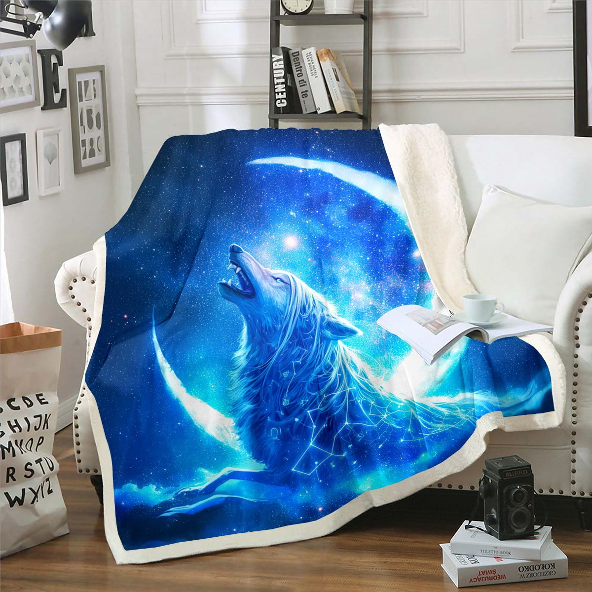 YST Wolf Blanket for Bed Couch,Blue Moon Galaxy Throw Blanket Wolf