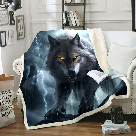Wolf Blanket Adults,3D Animal Print Wolf Throw Blanket Gothic Home Decor,Hunting Safari Fleece Blanket Lightning Fuzzy Blanket 50"x60"
