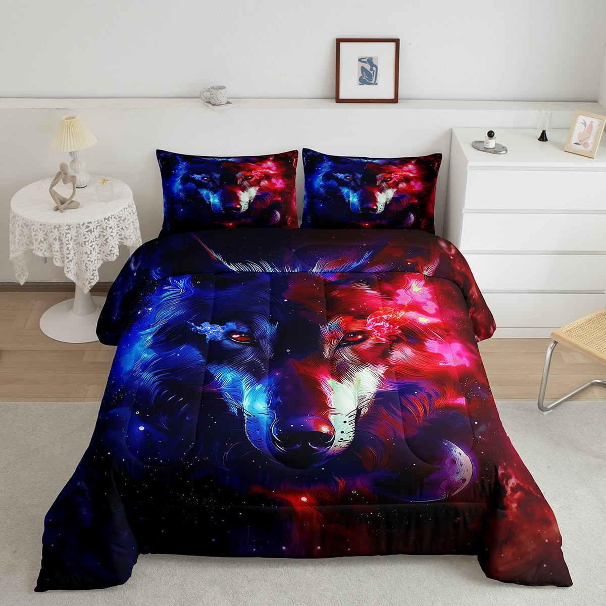 YST Wolf Comforter Set Ice Fire Wolf Galaxy Moon Bedding Comforter Sets 2 Piece Wolves Wild