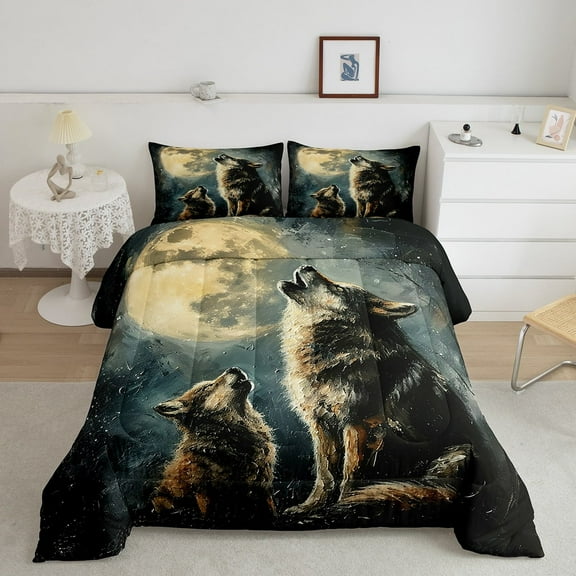 Erosebridal Wolf Comforter Set Twin Adults,Galaxy Moon Wolf Bedding Set Exotic Goth Home Decor,Wild Safari Animals Bedding Comforter Sets,Hunting Wolves Quilt Bed Set 2Pcs