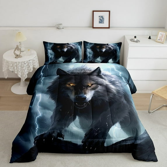 Wolf Comforter Set Twin Size Adults,3D Animal Print Wolf Bedding Set Gothic Home Decor,Hunting Safari Bedding Comforter Sets Lightning Quilt Bed Set 2Pcs