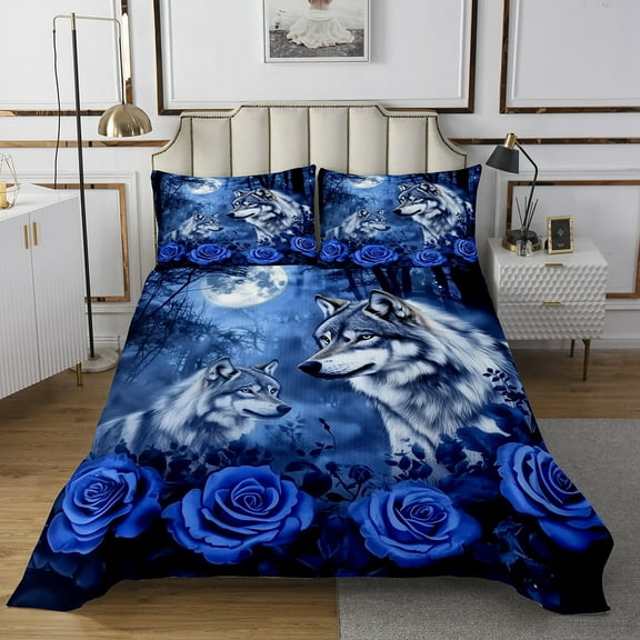 YST Wolf Couple Coverlet Set King Moon Blue Rose Flower Bedspread Set For Kids Adults Men Women,Woodland Animal Quilt Set Tree Branches Wildlife Bedding Set Bedroom Decor 3 Pcs