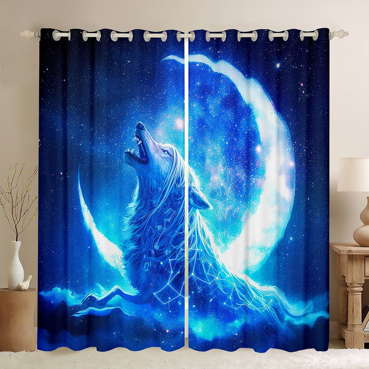 YST Wolf Curtains,Blue Moon Galaxy Curtains Blackout Wolf Bedroom Decor