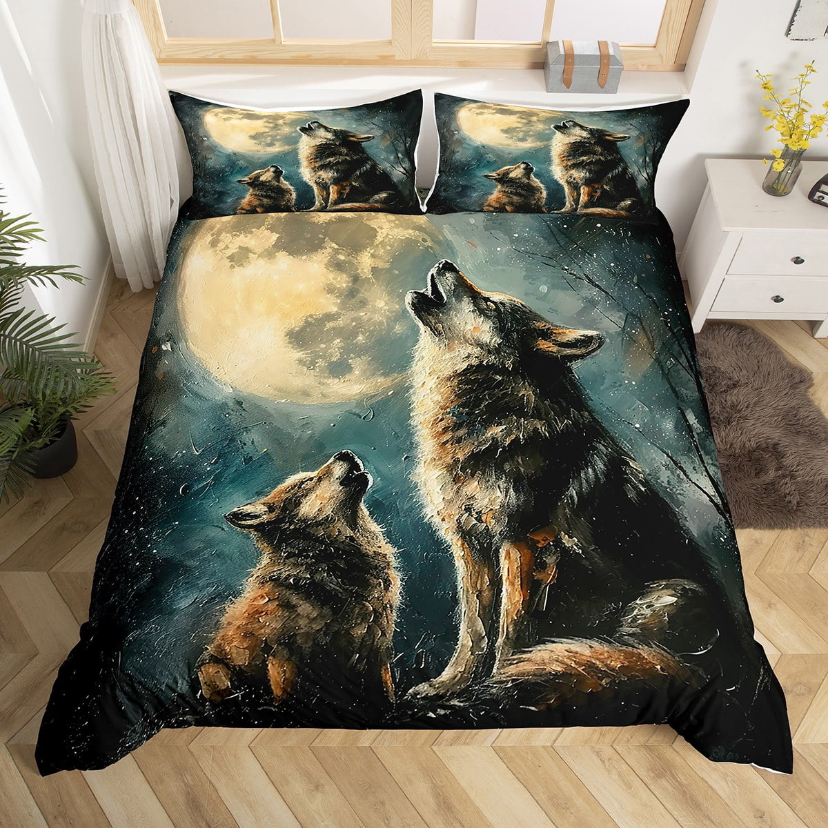 YST Wolf Duvet Cover Twin for Boys Girls Kids Adults,Galaxy Moon Wolf Bedding Set Exotic Goth