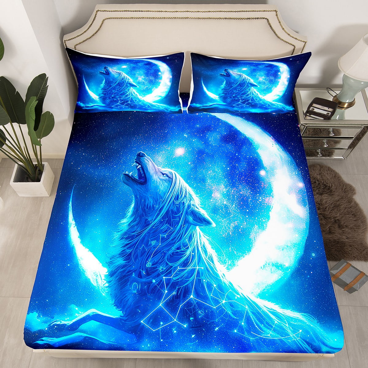 YST Wolf Fitted Sheet Full Size,Blue Moon Galaxy Bedding Set Wolf