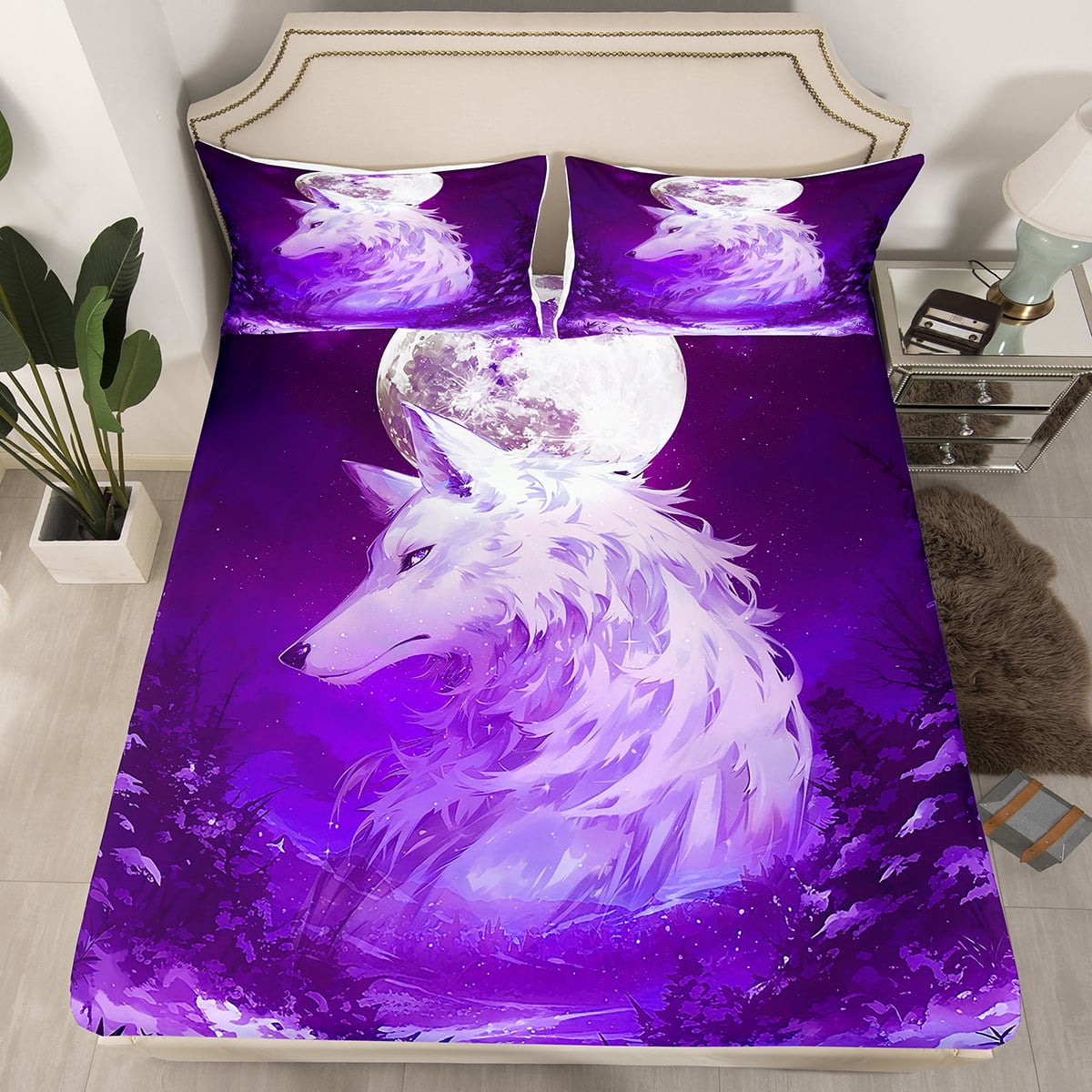 YST Wolf Kids Bedding Set 3D White Wolf Fitted Sheet Full,Fantasy Moon